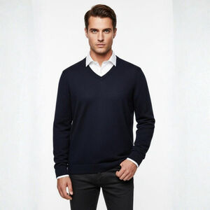 J. Lindeberg Navy V-Neck Merino Wool Sweater - Large